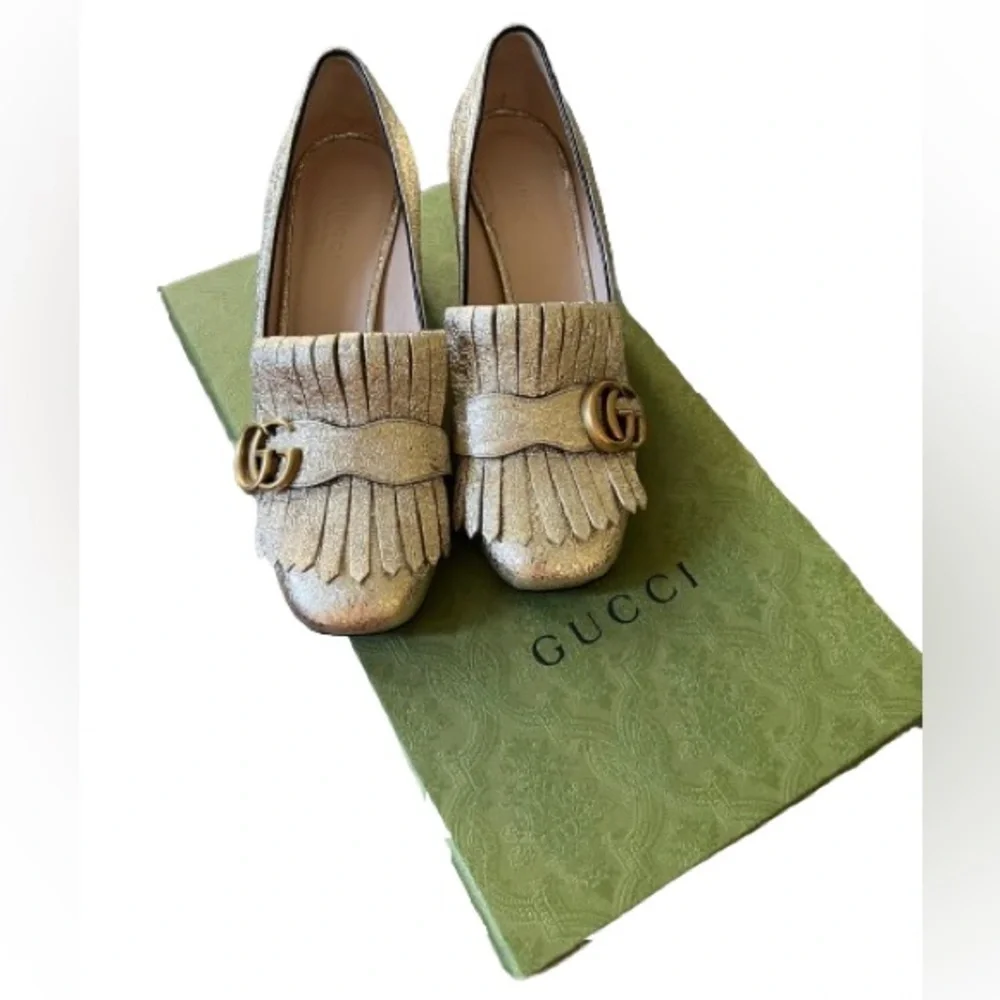 Gucci Galassia GG
Marmont Fringe Block Heel Pumps Gold Leather Foil Size 37.5 - Picture 9 of 9